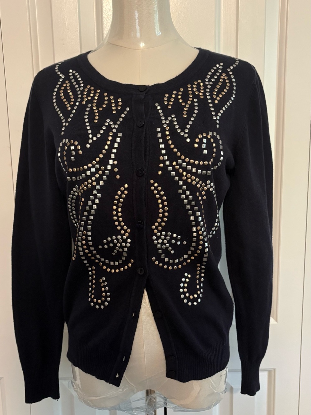TOP KNITS, Navy Stud-Embellished Button Front Cardigan Sweater, Size M